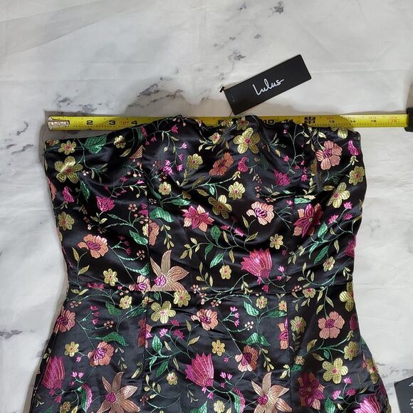 Lulu's Make a Move Black Satin Floral Jacquard Strapless Midi Dress - Picture 3 of 6